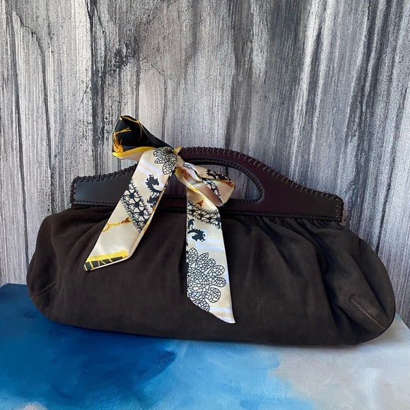 Vintage Cole Haan Brown Suede Clutch Handbag with Twilly